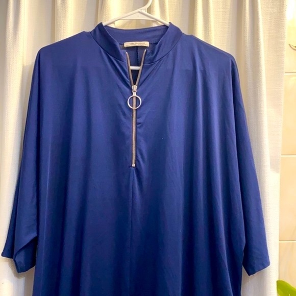NWOT Women’s ZARA TRAFALUC Shift Dress Slinky Knit 1/4 Front Zipper Navy Blue - Picture 2 of 5